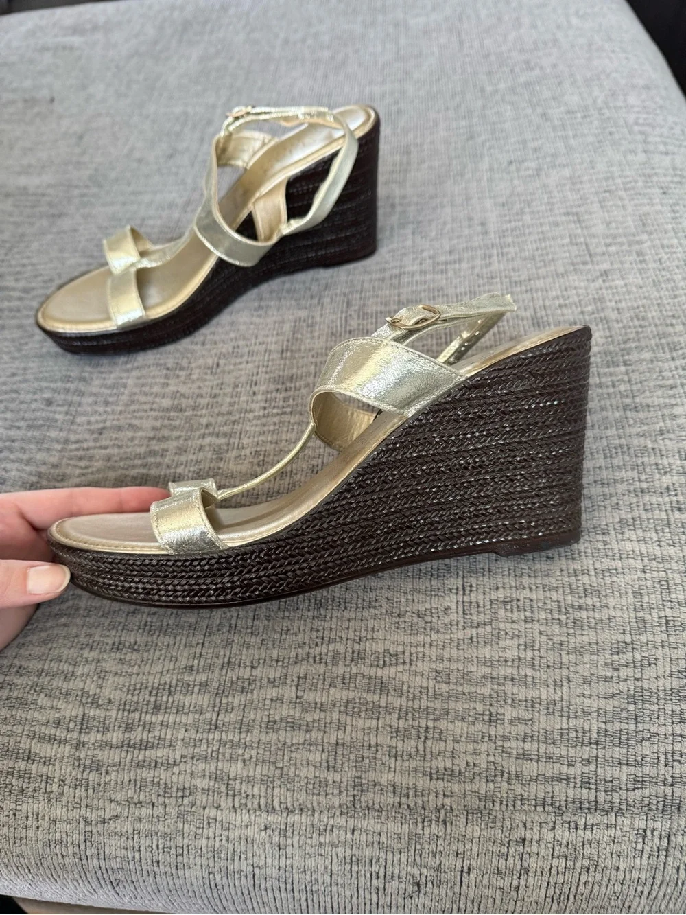 Gold and Brown Strapped High Heeled Wedge Sandals by Italian Shoemakers Size 9